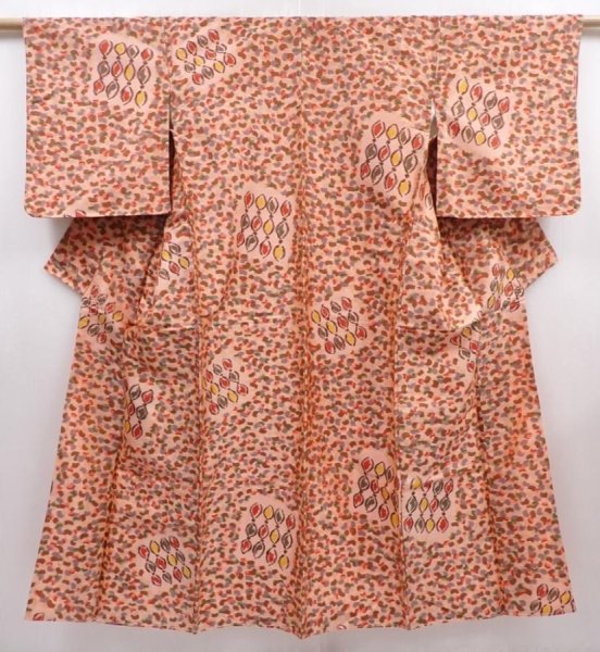 Photo1: 6302T11z630 Vintage Japanese Kimono Silk MEISEN KOMON  Light brown (1)
