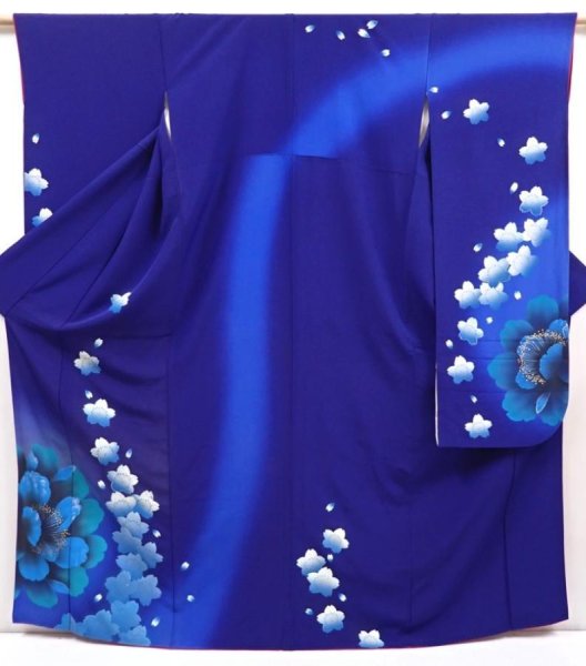 Photo1: 6302T12z1230  Japanese Kimono Silk FURISODE Peony Dark lavender blue (1)