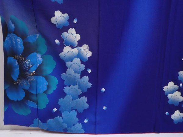 Photo6: 6302T12z1230  Japanese Kimono Silk FURISODE Peony Dark lavender blue (6)