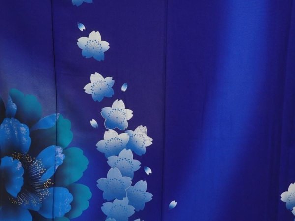 Photo8: 6302T12z1230  Japanese Kimono Silk FURISODE Peony Dark lavender blue (8)