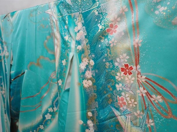 Photo2: 6302T13z1170 Vintage Japanese Kimono Silk FURISODE Royal cart Green-Blue (2)
