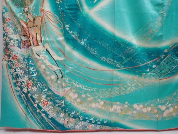 Photo5: 6302T13z1170 Vintage Japanese Kimono Silk FURISODE Royal cart Green-Blue (5)