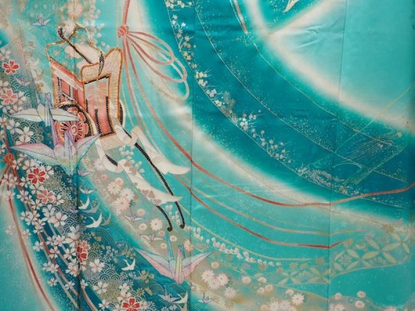 Photo8: 6302T13z1170 Vintage Japanese Kimono Silk FURISODE Royal cart Green-Blue (8)