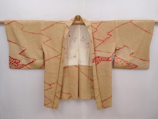 Photo5: 6303T01z480 Vintage Japanese Kimono Silk SHIBORI HAORI  Yellow ochre (5)