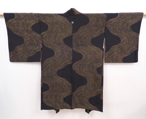 Photo1: 6303T02z740 Vintage Japanese Kimono Silk HAORI  Black (1)