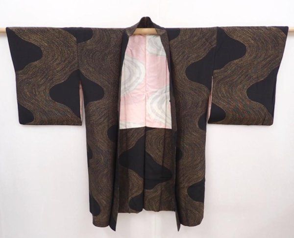 Photo6: 6303T02z740 Vintage Japanese Kimono Silk HAORI  Black (6)
