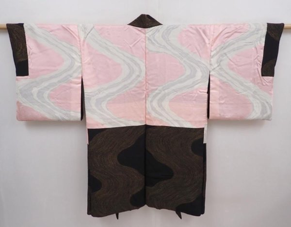 Photo7: 6303T02z740 Vintage Japanese Kimono Silk HAORI  Black (7)