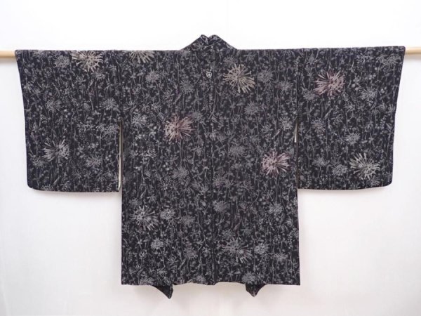 Photo1: 6303T04z750 Vintage Japanese Kimono Silk HAORI Flower Black (1)