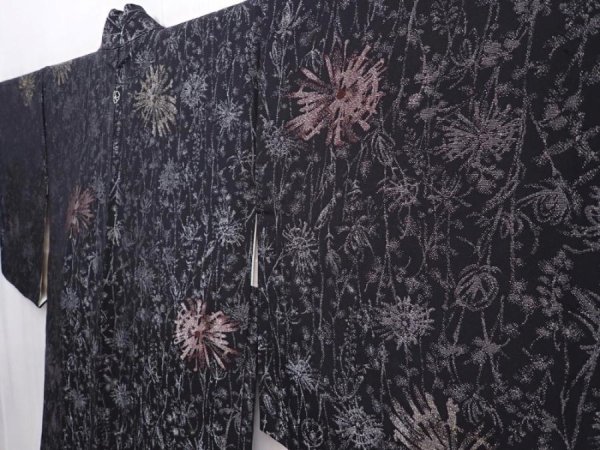 Photo2: 6303T04z750 Vintage Japanese Kimono Silk HAORI Flower Black (2)