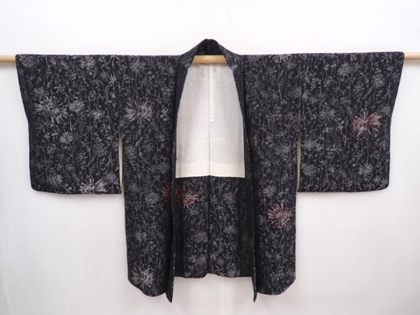 Photo6: 6303T04z750 Vintage Japanese Kimono Silk HAORI Flower Black (6)