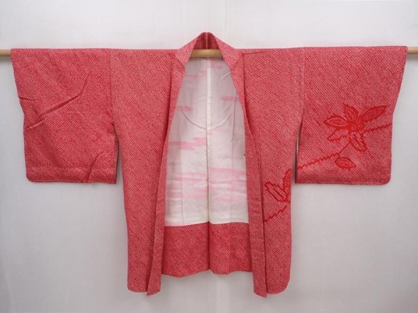 Photo5: 6303T06z420 Vintage Japanese Kimono Silk SHIBORI HAORI Leaf Dark red (5)