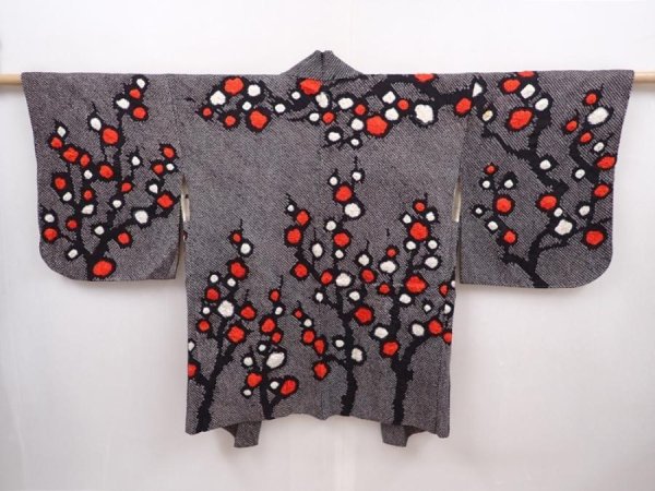 Photo1: 6303T07z630 Vintage Japanese Kimono Silk SHIBORI HAORI Plum tree Black (1)