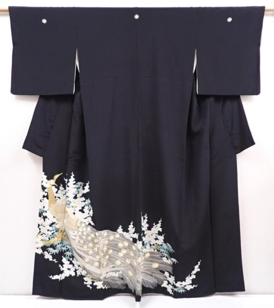 Photo1: 6303T09z1300 Vintage Japanese Kimono Silk TOMESODE Peacock Black (1)