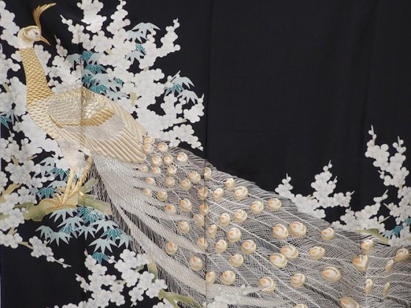 Photo8: 6303T09z1300 Vintage Japanese Kimono Silk TOMESODE Peacock Black (8)