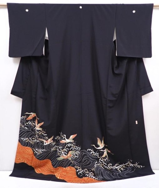 Photo1: 6303T10z1220  Japanese Kimono Silk ARTIST WORK TOMESODE Flying crane Black (1)