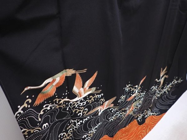 Photo3: 6303T10z1220  Japanese Kimono Silk ARTIST WORK TOMESODE Flying crane Black (3)