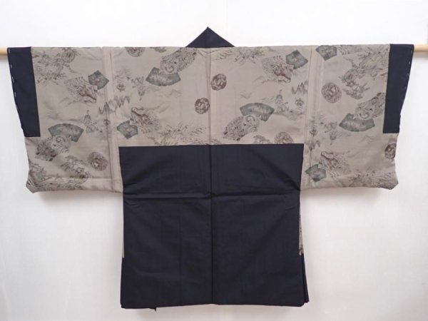 Photo1: 6309T01z380 Vintage Japanese Kimono Synthetic Men's HAORI  Black (1)