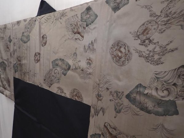 Photo2: 6309T01z380 Vintage Japanese Kimono Synthetic Men's HAORI  Black (2)