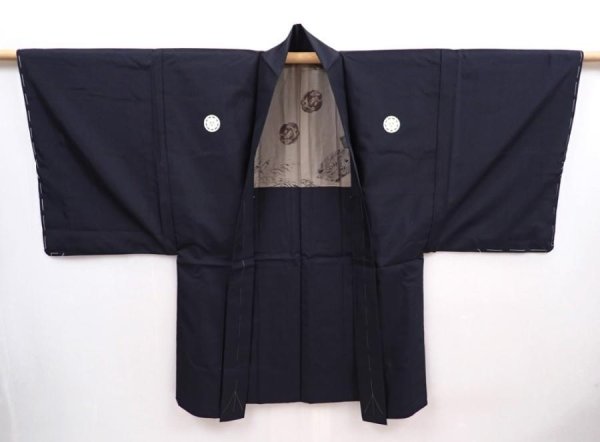 Photo6: 6309T01z380 Vintage Japanese Kimono Synthetic Men's HAORI  Black (6)