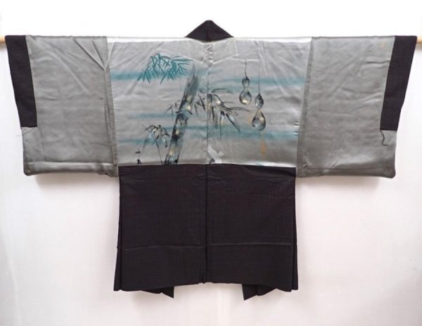 Photo1: 6309T02z460 Vintage Japanese Kimono Silk Men's OSHIMA HAORI Dark brown (1)