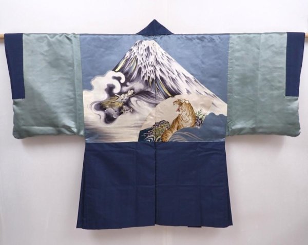 Photo1: 6309T03z540 Vintage Japanese Kimono Silk Men's OSHIMA HAORI Mt.Fuji Navy (1)