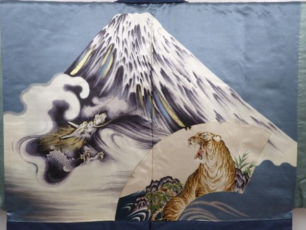 Photo3: 6309T03z540 Vintage Japanese Kimono Silk Men's OSHIMA HAORI Mt.Fuji Navy (3)