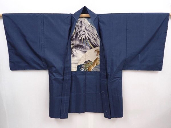 Photo7: 6309T03z540 Vintage Japanese Kimono Silk Men's OSHIMA HAORI Mt.Fuji Navy (7)