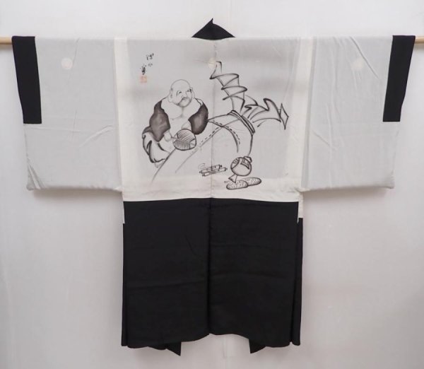 Photo1: 6309T04z510 Vintage Japanese Kimono Silk Men's HAORI Daikokuten Black (1)