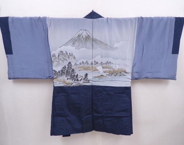 Photo1: 6309T05z670 Vintage Japanese Kimono Silk Men's HAORI Mt.Fuji Navy (1)