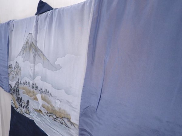 Photo2: 6309T05z670 Vintage Japanese Kimono Silk Men's HAORI Mt.Fuji Navy (2)
