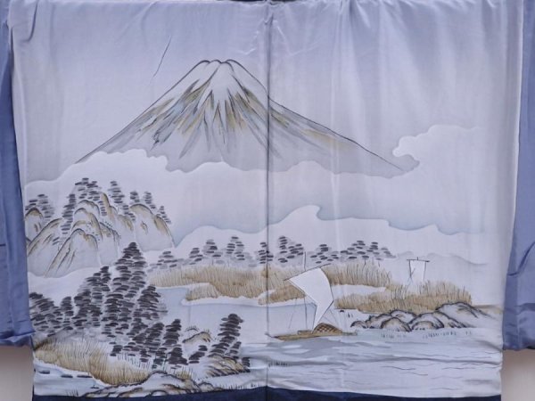 Photo3: 6309T05z670 Vintage Japanese Kimono Silk Men's HAORI Mt.Fuji Navy (3)