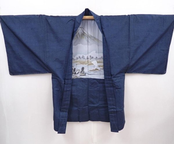 Photo6: 6309T05z670 Vintage Japanese Kimono Silk Men's HAORI Mt.Fuji Navy (6)