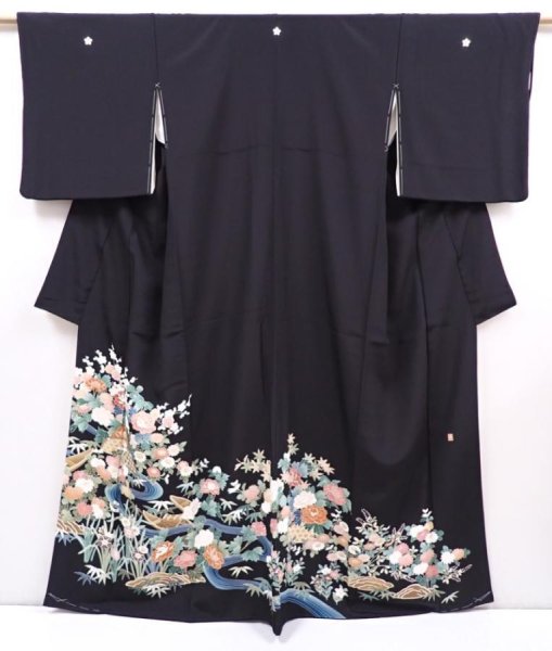 Photo1: 6309T07z1280  Japanese Kimono Silk ARTIST WORK TOMESODE Peony Black (1)