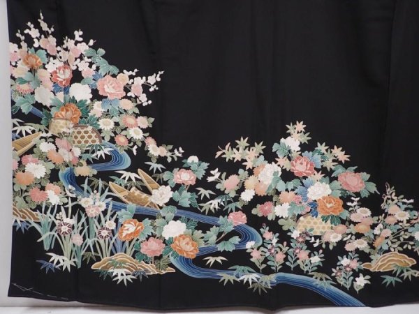 Photo5: 6309T07z1280  Japanese Kimono Silk ARTIST WORK TOMESODE Peony Black (5)