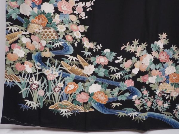 Photo6: 6309T07z1280  Japanese Kimono Silk ARTIST WORK TOMESODE Peony Black (6)