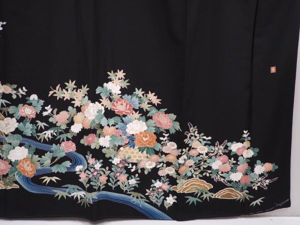 Photo7: 6309T07z1280  Japanese Kimono Silk ARTIST WORK TOMESODE Peony Black (7)