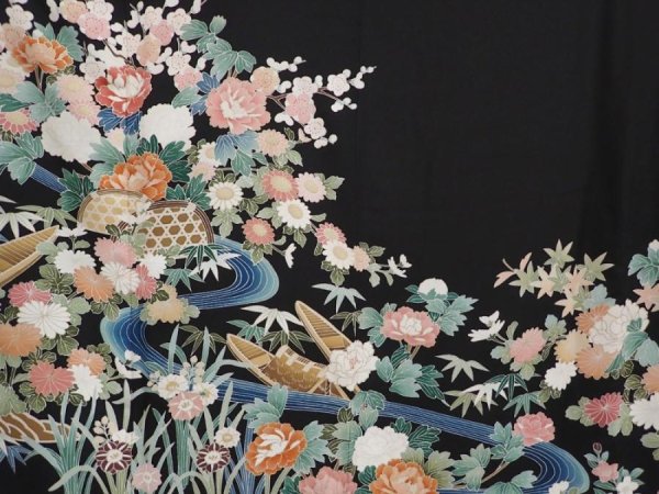 Photo8: 6309T07z1280  Japanese Kimono Silk ARTIST WORK TOMESODE Peony Black (8)