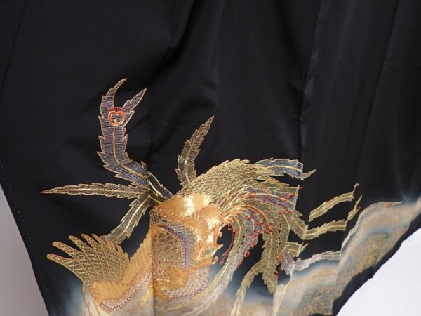Photo3: 6309T08z1260 Vintage Japanese Kimono Silk TOMESODE Phoenix Black (3)