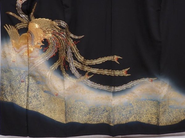Photo5: 6309T08z1260 Vintage Japanese Kimono Silk TOMESODE Phoenix Black (5)