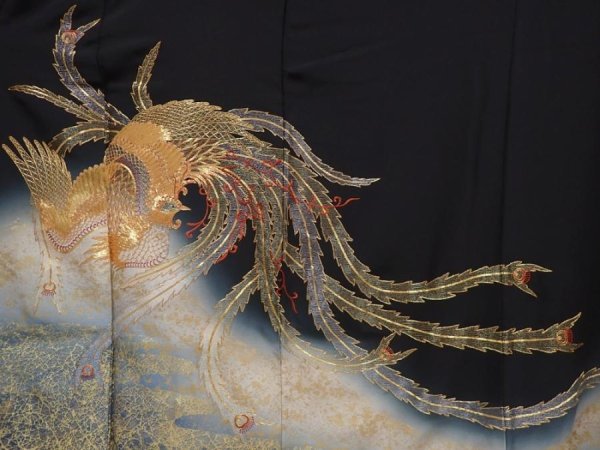 Photo8: 6309T08z1260 Vintage Japanese Kimono Silk TOMESODE Phoenix Black (8)