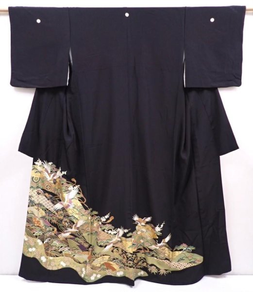 Photo1: 6309T11z1200 Vintage Japanese Kimono Silk TOMESODE Flying crane Black (1)