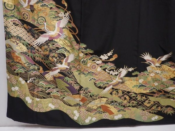 Photo6: 6309T11z1200 Vintage Japanese Kimono Silk TOMESODE Flying crane Black (6)