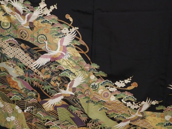 Photo8: 6309T11z1200 Vintage Japanese Kimono Silk TOMESODE Flying crane Black (8)