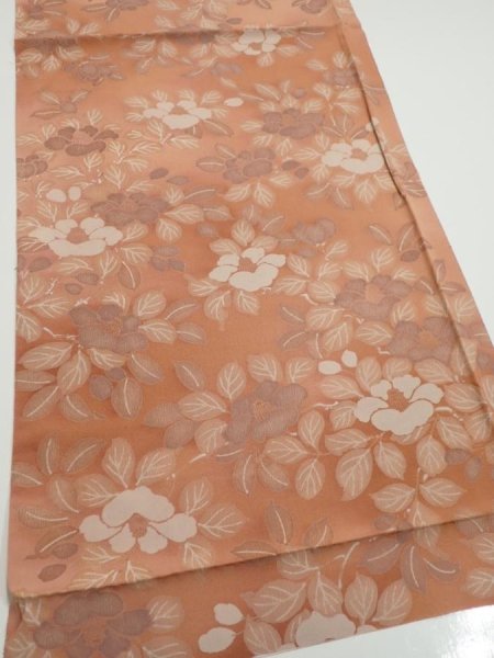 Photo2: 2M01z60  Japanese Kimono Silk  FABRIC Camellia Light brown 42.1x14.2 (2)