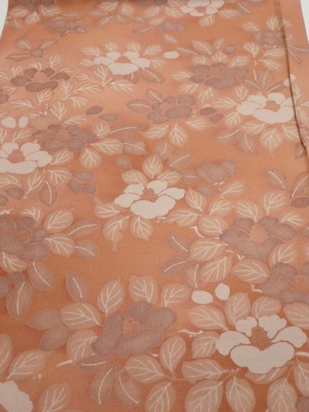 Photo1: 2M02z60  Japanese Kimono Silk  FABRIC Camellia Light brown 42.5x14.4 (1)