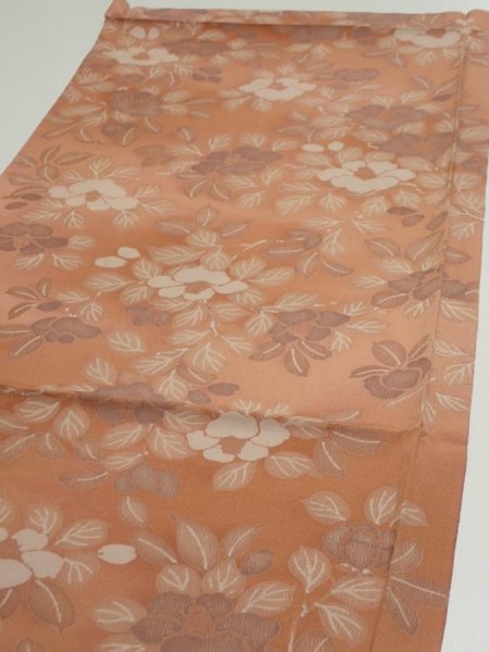 Photo3: 2M02z60  Japanese Kimono Silk  FABRIC Camellia Light brown 42.5x14.4 (3)