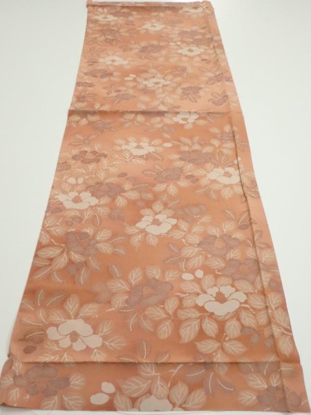 Photo5: 2M02z60  Japanese Kimono Silk  FABRIC Camellia Light brown 42.5x14.4 (5)