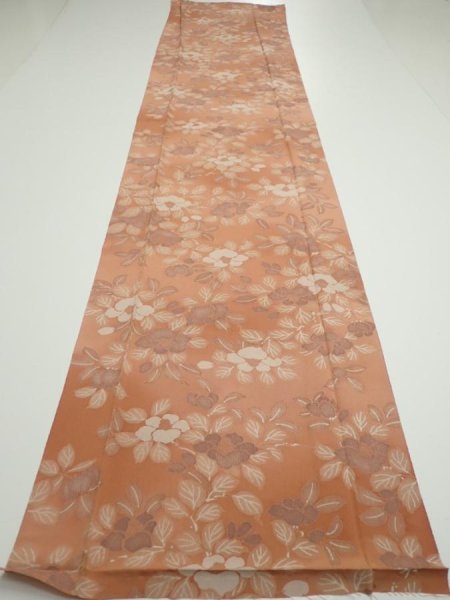 Photo5: 2M03z90  Japanese Kimono Silk  FABRIC Camellia Light brown 64.2x14.2 (5)