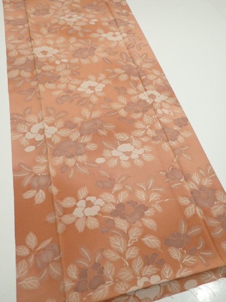 Photo2: 2M04z90  Japanese Kimono Silk  FABRIC Camellia Light brown 63.8x14.2 (2)