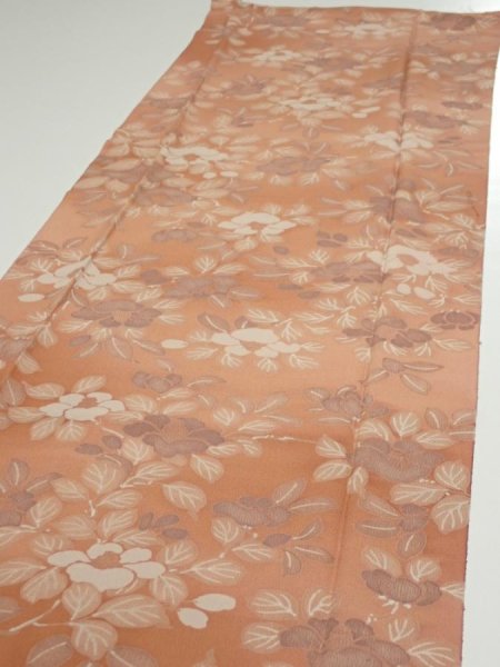 Photo3: 2M04z90  Japanese Kimono Silk  FABRIC Camellia Light brown 63.8x14.2 (3)